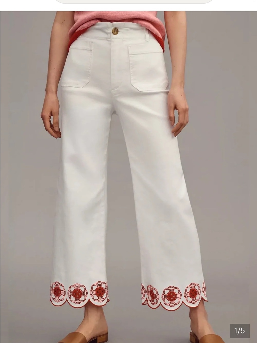 Anthropologie White Cropped Wide-Leg Jeans with Red Embroidered Hem